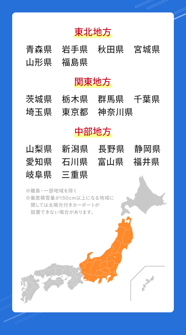東北地方：青森県岩手県宮城県福島県、関東地方：茨城県栃木県群馬県埼玉県千葉県東京都神奈川県、中部地方：山梨県新潟県長野県静岡県愛知県石川県富山県福井県岐阜県三重県