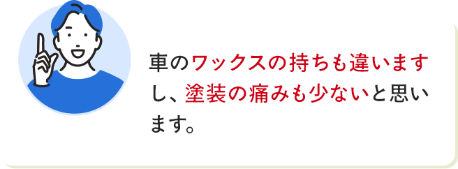 車のワックスの持ちも違いますし、塗装の痛みも少ないと思います。